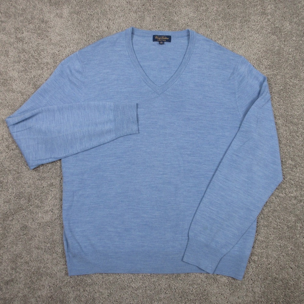 Brooks Brothers Sweater Mens XL Blue Solid V-Neck Knit Pullover Saxxon Wool